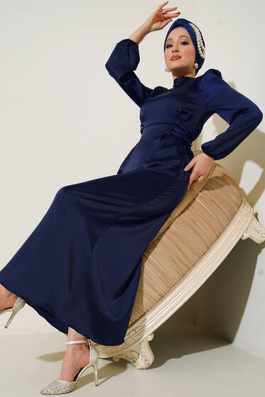 Yanları İp Detaylı Saten Elbise Lacivert - Nişan Elbisesi