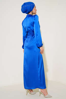 Yanları İp Detaylı Saten Elbise Saks - Tesettür Elbise