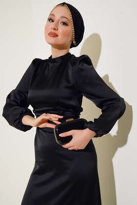 Yanları İp Detaylı Saten Elbise Siyah - Tesettür Elbise