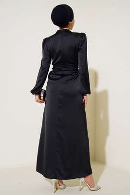 Yanları İp Detaylı Saten Elbise Siyah - Tesettür Elbise