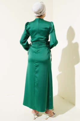 Yanları İp Detaylı Saten Elbise Yeşil - Tesettür Elbise