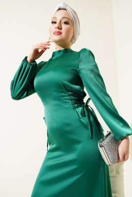 Yanları İp Detaylı Saten Elbise Yeşil - Tesettür Elbise