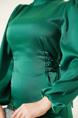 Yanları İp Detaylı Saten Elbise Yeşil - Tesettür Elbise