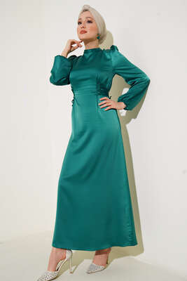 Yanları İp Detaylı Saten Elbise Zümrüt Yeşil - Thumbnail