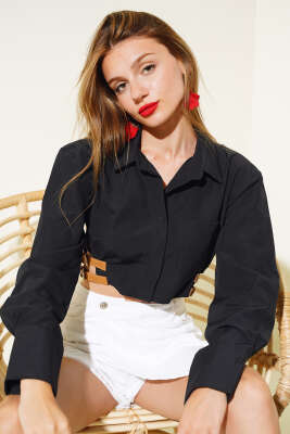 Yanları Kemerli Crop Gömlek Siyah - Kadın Giyim Modelleri