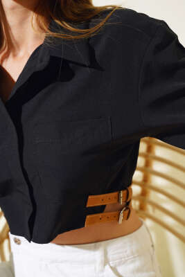 Yanları Kemerli Crop Gömlek Siyah - Kadın Giyim Modelleri