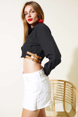 Yanları Kemerli Crop Gömlek Siyah - Kadın Giyim Modelleri