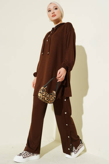 Yanları Metal Düğmeli Kapşonlu İkili Takım Kahve - İkili Takım