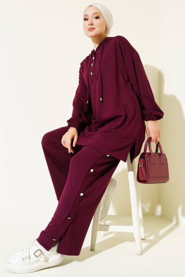 Yanları Metal Düğmeli Kapşonlu İkili Takım Mürdüm - İkili Takım