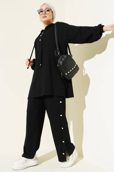 Yanları Metal Düğmeli Kapşonlu İkili Takım Siyah - İkili Takım