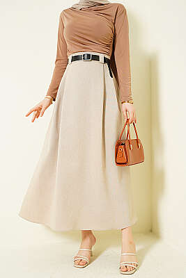 Yanları Pensli Kemerli Kloş Etek Bej - MUSTİ