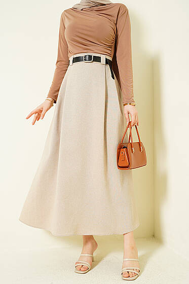 Yanları Pensli Kemerli Kloş Etek Bej - Etek