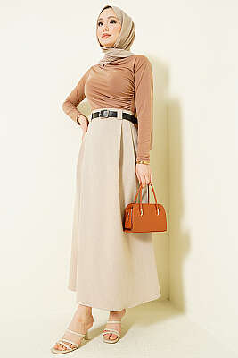 Yanları Pensli Kemerli Kloş Etek Bej - Etek