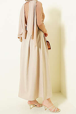 Yanları Pensli Kemerli Kloş Etek Bej - Etek