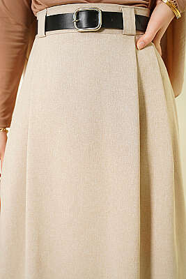 Yanları Pensli Kemerli Kloş Etek Bej - Etek