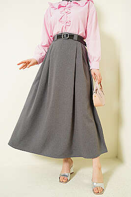 Yanları Pensli Kemerli Kloş Etek Füme - MUSTİ