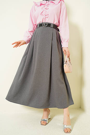 Yanları Pensli Kemerli Kloş Etek Füme - Etek