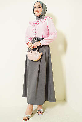 Yanları Pensli Kemerli Kloş Etek Füme - Etek