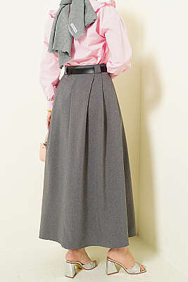 Yanları Pensli Kemerli Kloş Etek Füme - Etek