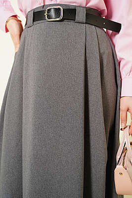 Yanları Pensli Kemerli Kloş Etek Füme - Etek