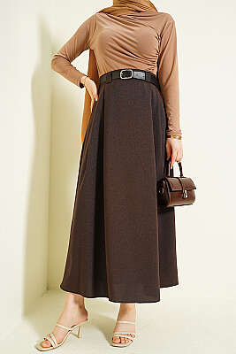 Yanları Pensli Kemerli Kloş Etek Kahve - MUSTİ