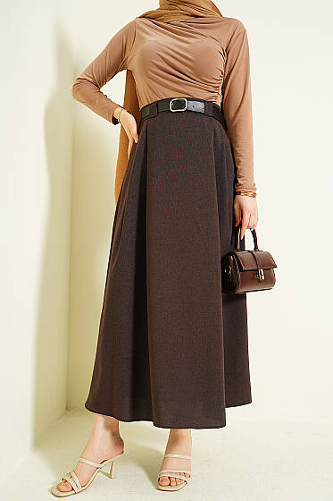 Yanları Pensli Kemerli Kloş Etek Kahve - Etek