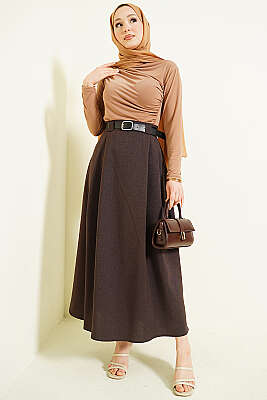 Yanları Pensli Kemerli Kloş Etek Kahve - Etek