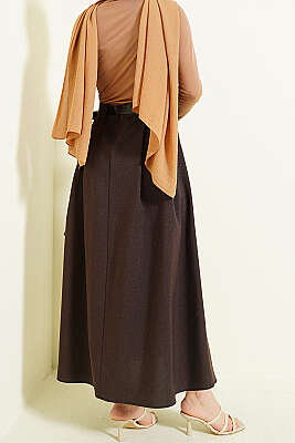 Yanları Pensli Kemerli Kloş Etek Kahve - Etek