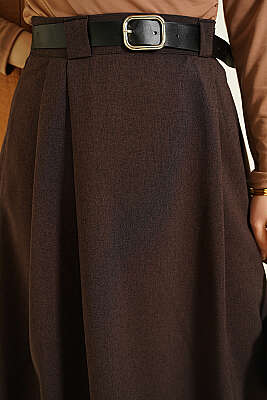 Yanları Pensli Kemerli Kloş Etek Kahve - Etek