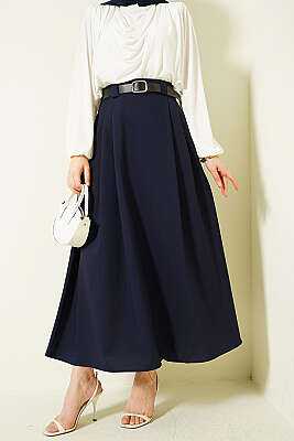 Yanları Pensli Kemerli Kloş Etek Lacivert - MUSTİ