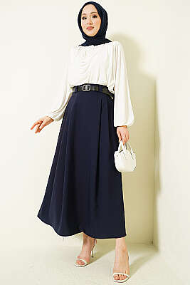 Yanları Pensli Kemerli Kloş Etek Lacivert - Etek