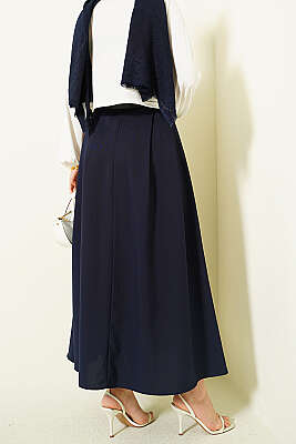 Yanları Pensli Kemerli Kloş Etek Lacivert - Etek