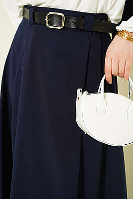 Yanları Pensli Kemerli Kloş Etek Lacivert - Etek