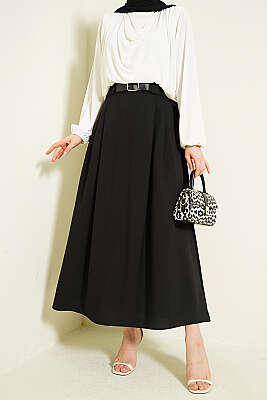 Yanları Pensli Kemerli Kloş Etek Siyah - MUSTİ