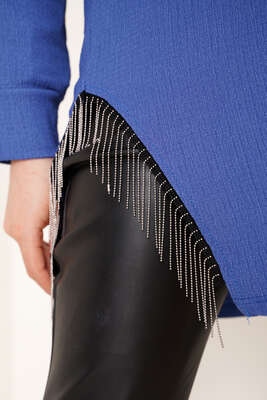 Yanları Püskül Zincir Detaylı Tunik İndigo - Tunik