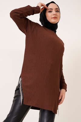 Yanları Püskül Zincir Detaylı Tunik Kahve 