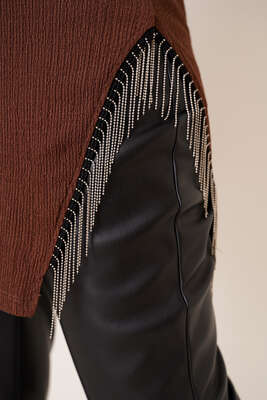 Yanları Püskül Zincir Detaylı Tunik Kahve - Tunik