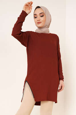 Yanları Püskül Zincir Detaylı Tunik Kiremit 