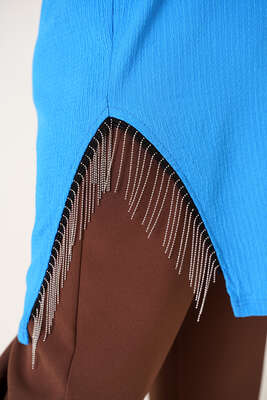 Yanları Püskül Zincir Detaylı Tunik Mavi - Tunik