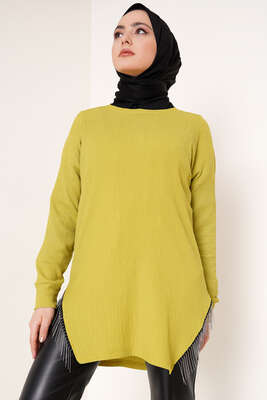 Yanları Püskül Zincir Detaylı Tunik Yağ Yeşili 