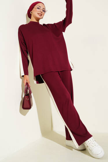 Yanları Şeritli İkili Takım Bordo - İkili Takım