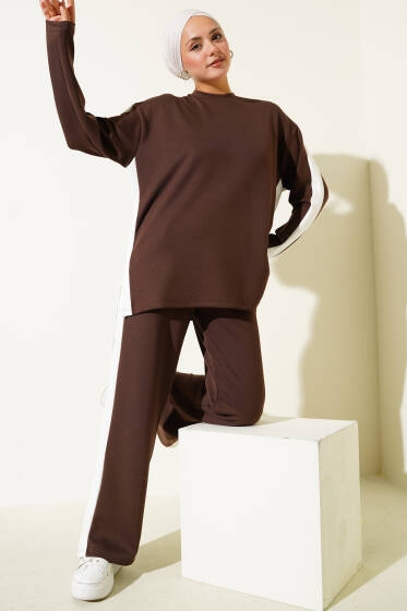 Yanları Şeritli İkili Takım Kahve - İkili Takım