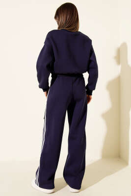 Yanları Şeritli Üç İplik Sweatli İkili Takım Lacivert - Kadın Giyim Modelleri