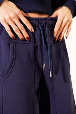 Yanları Şeritli Üç İplik Sweatli İkili Takım Lacivert - Kadın Giyim Modelleri