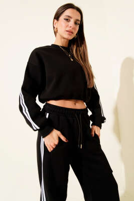 Yanları Şeritli Üç İplik Sweatli İkili Takım Siyah - Kadın Giyim Modelleri