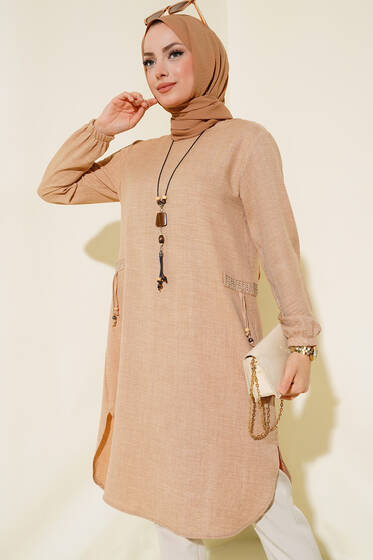 Yanları Taş Detaylı Tunik Bej - Tunik