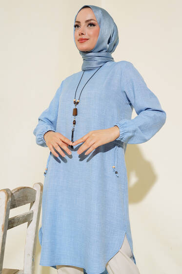 Yanları Taş Detaylı Tunik Buz Mavisi - Tunik