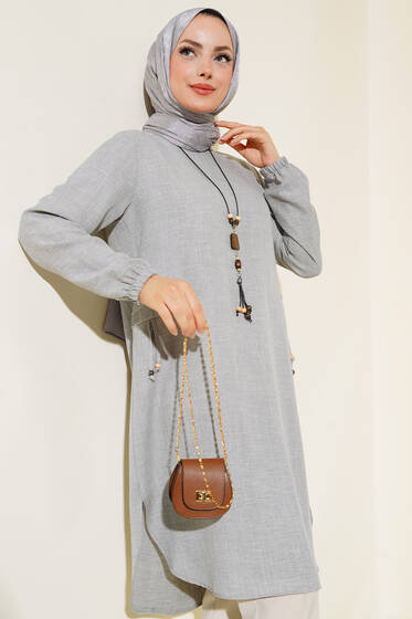 Yanları Taş Detaylı Tunik Gri - Tunik