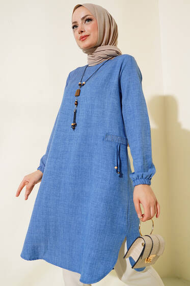 Yanları Taş Detaylı Tunik İndigo - Tunik