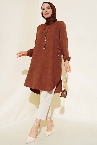 Yanları Taş Detaylı Tunik Kahve - Tunik